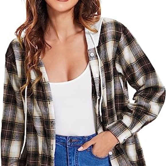 kirundo Tops - Women's 2022 Fall Long Sleeve Hooded Flannel Plaid Shirts Casual Lightweight But